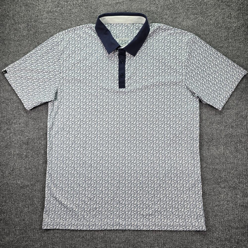 Swannies Polo Shirt Mens XL Navy Blue White Stretch Swan AOP Performance Golf
